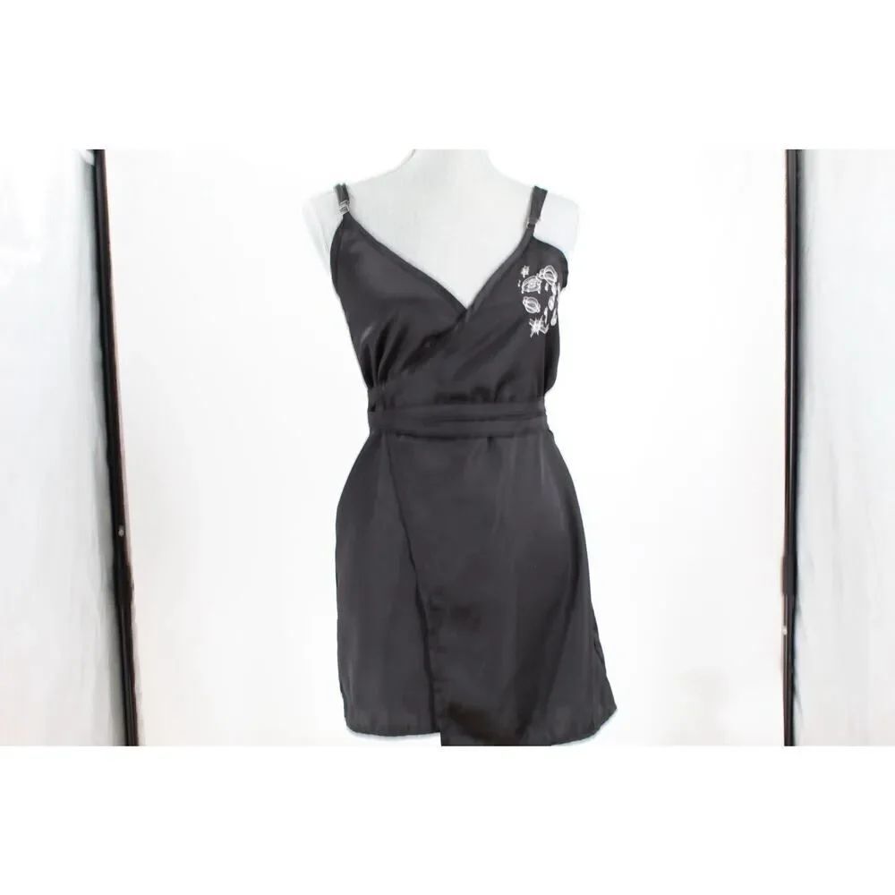 O Mighty Black Wrap Lingerie Babydoll Mini Dress Womens Size M Planets Solar
